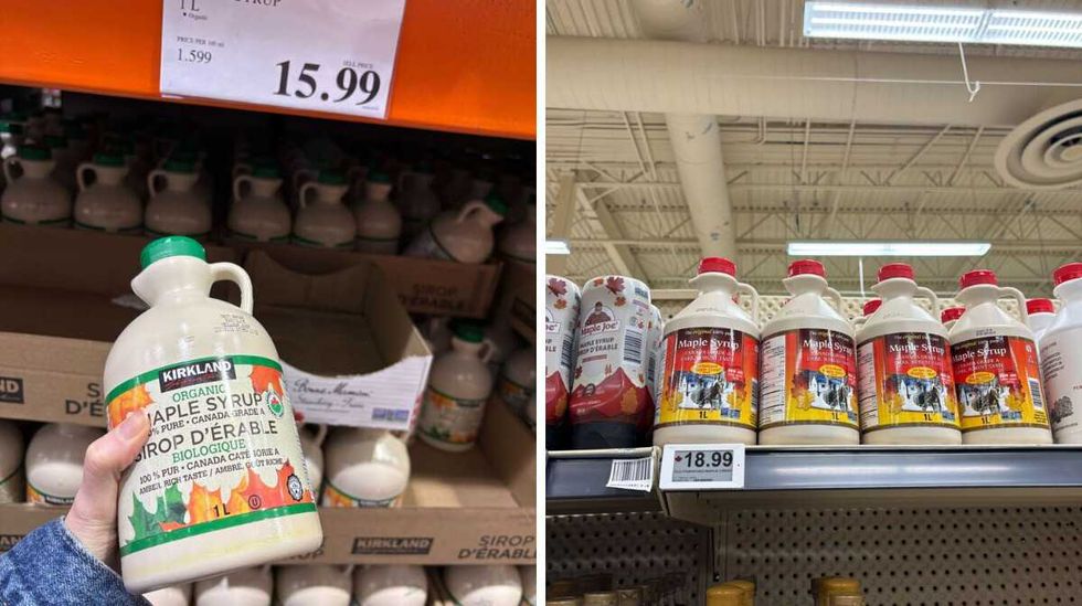 person holding bottle of \u200bKirkland Signature maple syrup at Costco. Right: bottles of maple syrup at Loblaws