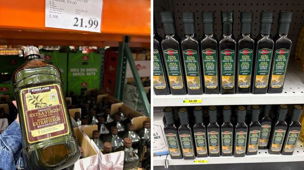 person holding bottle of \u200bKirkland Signature olive oil at Costco. Right: bottles of olive oil on shelves at Dollarama.
