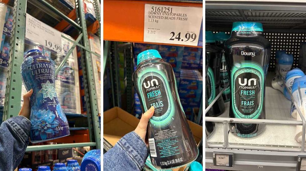person holding bottle of \u200bKirkland Signature ultra fresh laundry beads. Centre: person holding bottle Downy Unstopables fresh laundry beads at Costco. Right: bottle of Downy Unstopables fresh laundry beads at Walmart