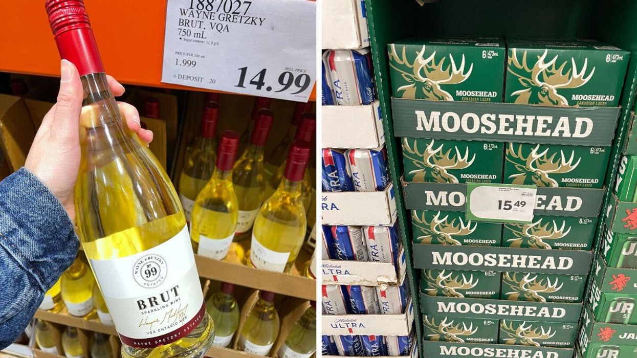 person holding bottle of wayne gretzky sparkling wine at costco. right: cases of moosehead lager at sobeys