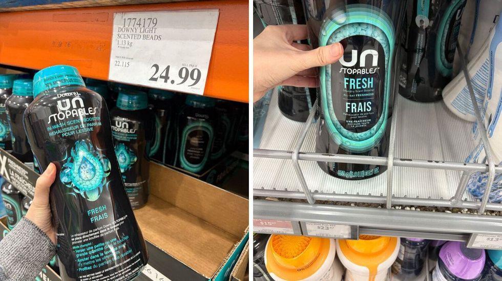 person holding bottles of downy unstoppables laundry beads at costco and walmart