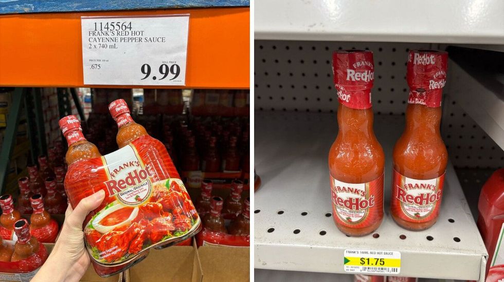 person holding bottles of frank's red hot at costco. right: bottles of frank's red hot at dollarama