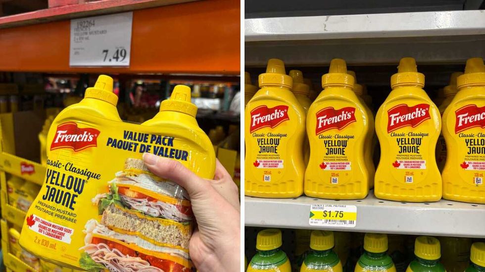 person holding bottles of French's mustard at Costco. Right: bottles of French's mustard at Dollarama