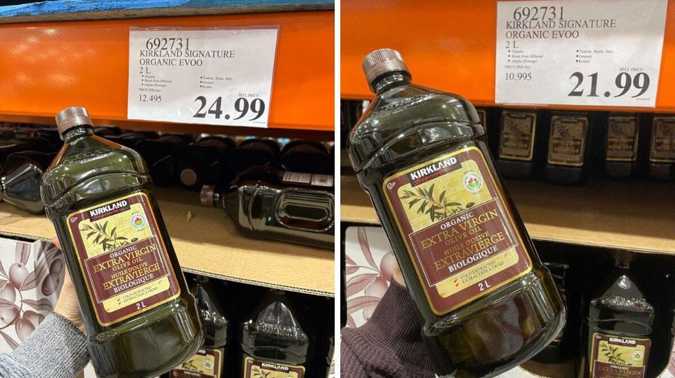 person holding bottles of kirkland signature extra virgin olive oil in 2025 and 2023