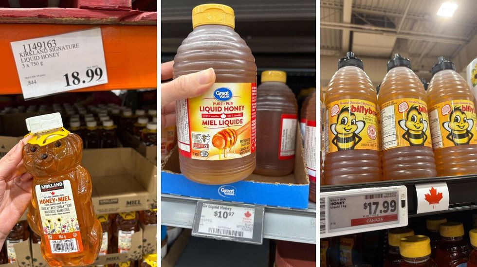person holding bottles of kirkland signature honey at costco. centre: person holding bottle of great value honey at walmart. right: bottles of billy bee honey on shelf at metro