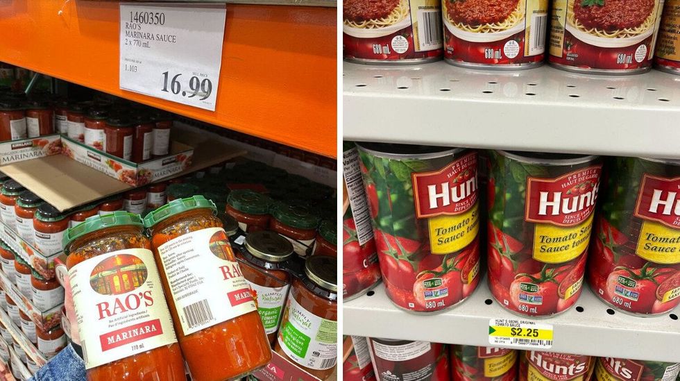 person holding bottles of rao's sauce at costco. right: cans of hunt's tomato sauce on shelves at dollarama
