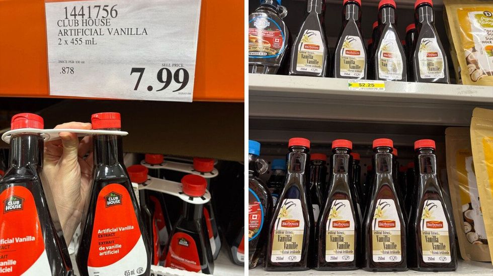 person holding bottles of \u200bClub House vanilla extract at costco. right: bottles of vanilla extract at dollarama