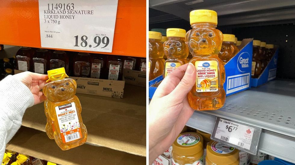 person holding bottles of \u200bKirkland Signature liquid honey. Right: person holding bottle of Great Value liquid honey at Walmart
