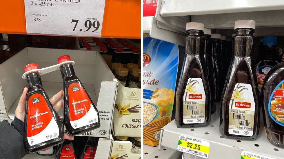 person holding bottles of vanilla extract at costco. right: vanilla extract bottles on a shelf at dollarama