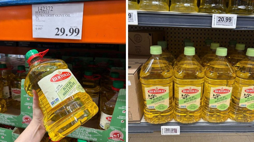 person holding bottole of bertolli olive oil at costco. right: bottles of bertolli olive oil on shelf at loblaws