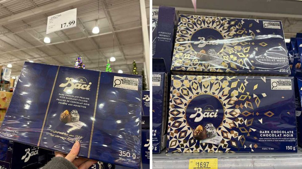person holding box of Baci chocolates at Costco. right: boxes of Baci chocolates at walmart
