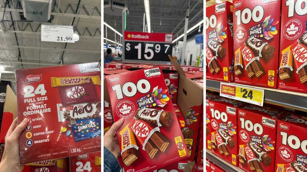 person holding box of Coffee Crisp, KitKat, Aero and Smarties at Costco. Centre: person holding box of Coffee Crisp, KitKat, Aero and Smarties at Walmart. Right: boxes of Coffee Crisp, KitKat, Aero and Smarties at Loblaws.