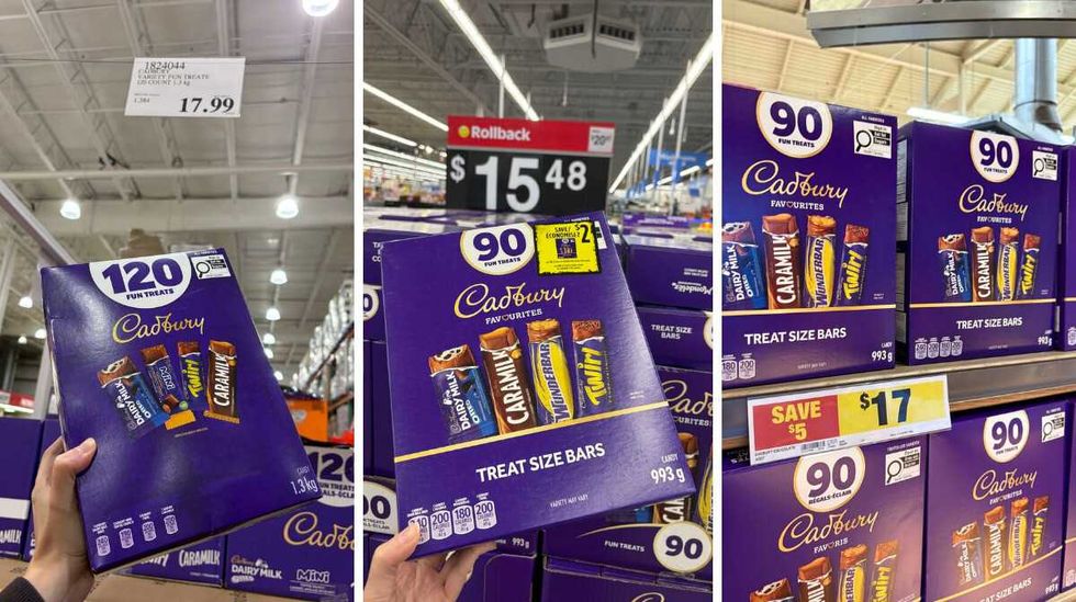 person holding box of Dairy Milk Oreo, Cadbury Toffee Crunch, Twirl and Caramilk at Costco. Centre: person holding box of Dairy Milk Oreo, Caramilk, Wunderbar and Twirl at Walmart. Right: boxes of Dairy Milk Oreo, Caramilk, Wunderbar and Twirl at Loblaws.
