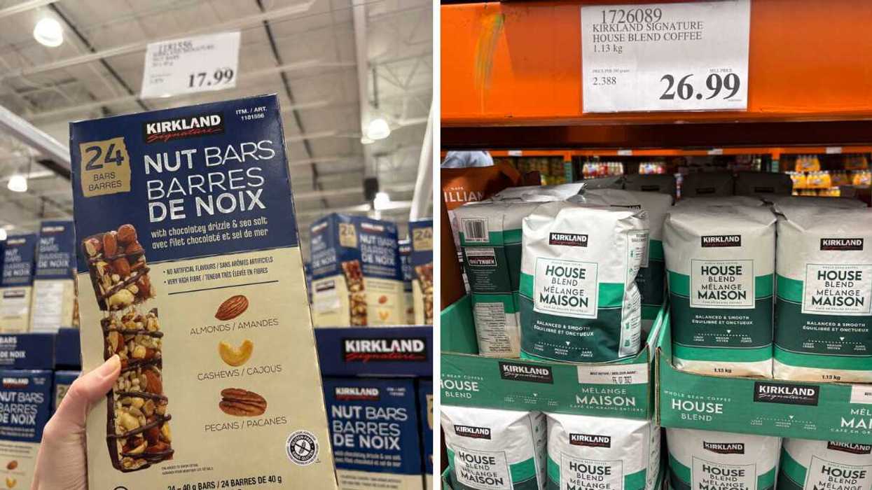 person holding box of kirkland signature nut bars at costco. right: bags of kirkland signature house blend coffee at costco