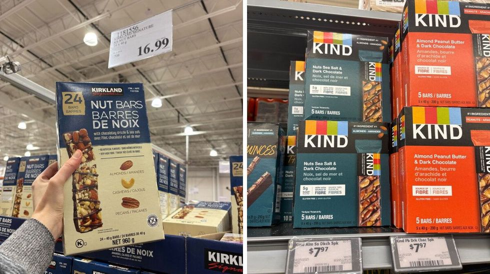 person holding box of kirkland signature nut bars at costco. right: boxes of kind bars at walmart.