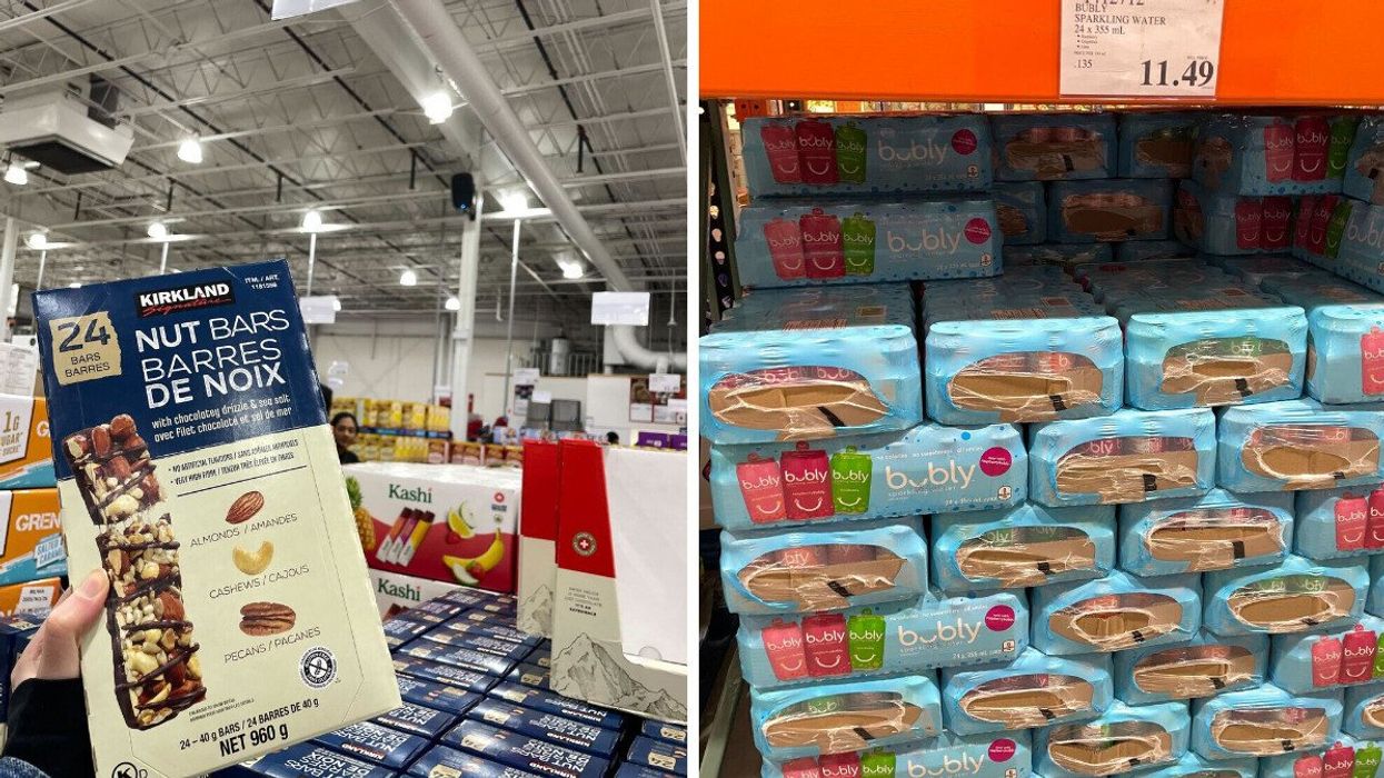 person holding box of kirkland signature nut bars at costco. right: cases of bubly water at costco