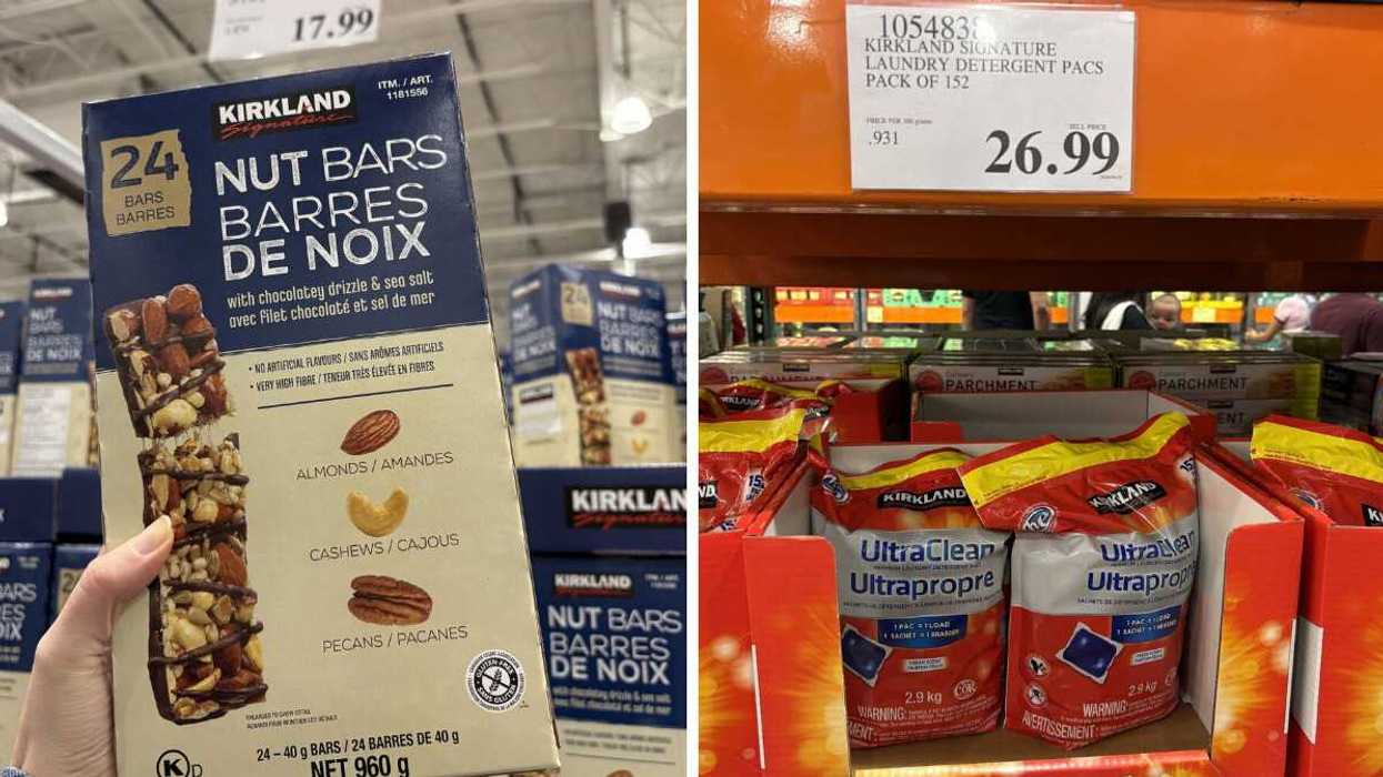 person holding box of kirkland signature nut bars. right: bags of kirkland signature laundry detergent pods