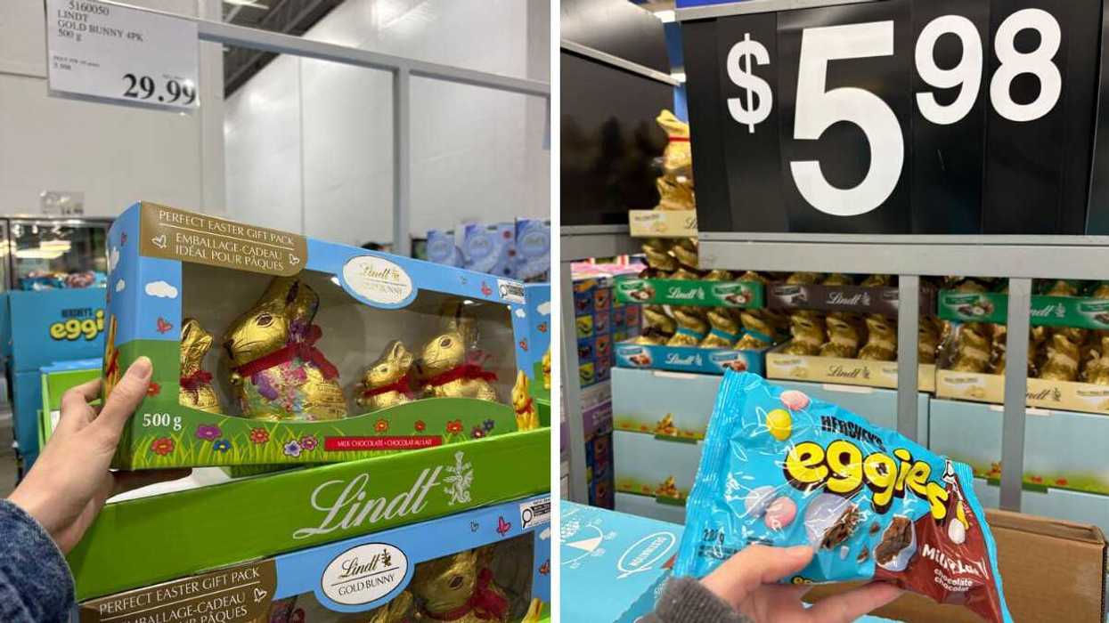 person holding box of Lindt chocolate bunnies at Costco. right: person holding bag of Hershey's Eggies at Walmart
