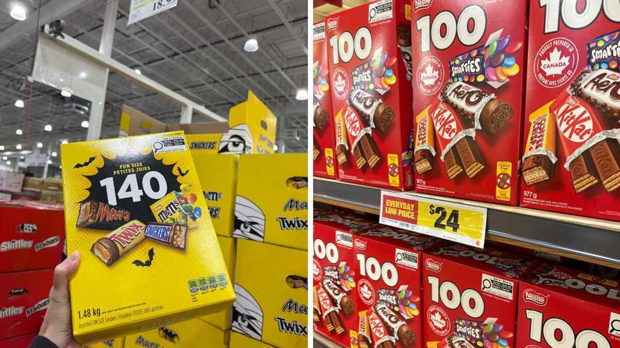 person holding box of mars, twix, snickers and peanut m&m's at costco. right: boxes of coffee crisp, kitkat, aero and smarties at loblaws