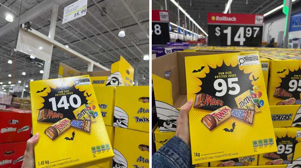 person holding box of Mars, Twix, Snickers and peanut M&M's \u200bat Costco. Right: person holding box of Mars, Twix, Snickers and peanut M&M's at Walmart.