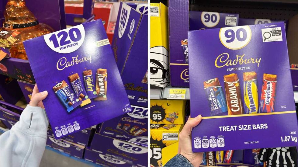 person holding box of mini cadbury chocolates at costco. right: person holding box of mini cadbury chocolates at walmart