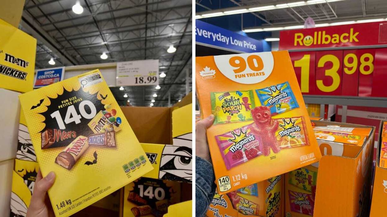 person holding box of mini mars, twix, snickers and peanut m&ms at costco. right: person holding box of sour patch kids, swedish berries, fuzzy peach and swedish fish at walmart