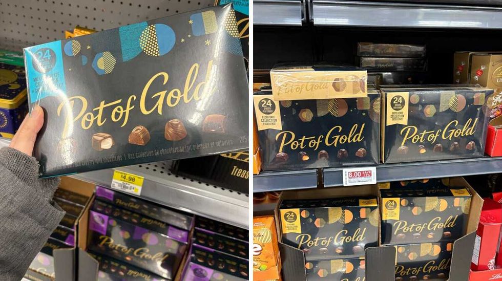 person holding box of pot of gold chocolates at walmart. right: boxes of pot of gold chocoaltes at loblaws.