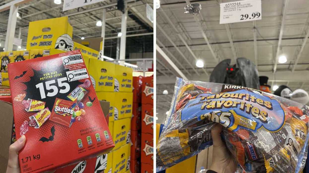 person holding box of skittles and starbust halloween candy at costco. right: person holding bag of kirkland signature treatsize favourites halloween chocolate at costco