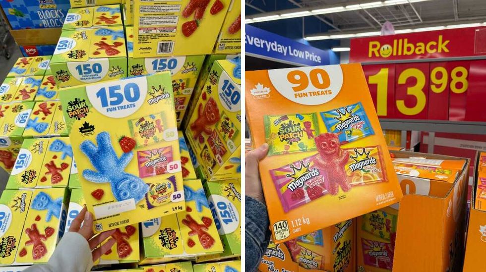 person holding box of sour patch kids and swedish berries at costco. right: person holding box of sour patch kids, swedish berries, fuzzy peach and swedish fish at walmart
