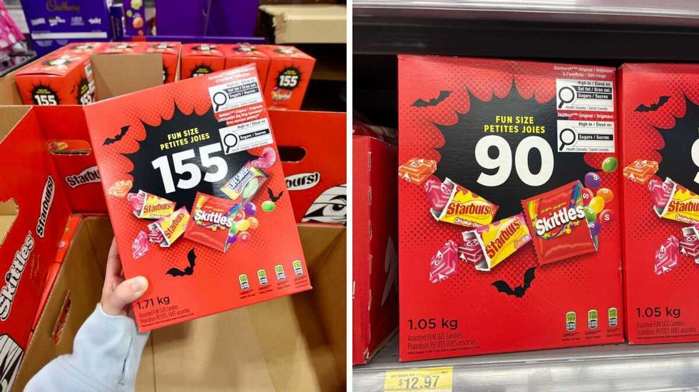 person holding box of starburst, skittles and life savers at costco. right: box of starburst and skittles at walmart