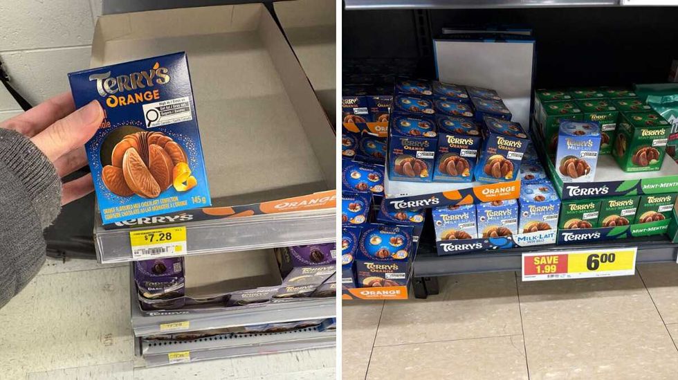 person holding box of Terry's chocolate orange at Walmart. right: boxes of Terry's chocolate orange at loblaws