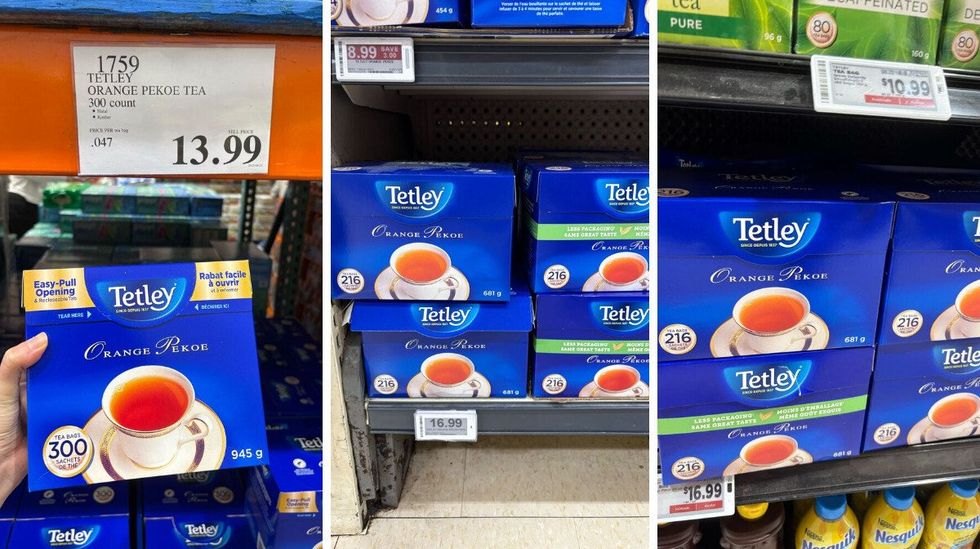 person holding box of tetley orange pekoe tea at costco. centre: boxes of tetley orange pekoe tea at loblaws. right: tetley orange pekoe tea at metro
