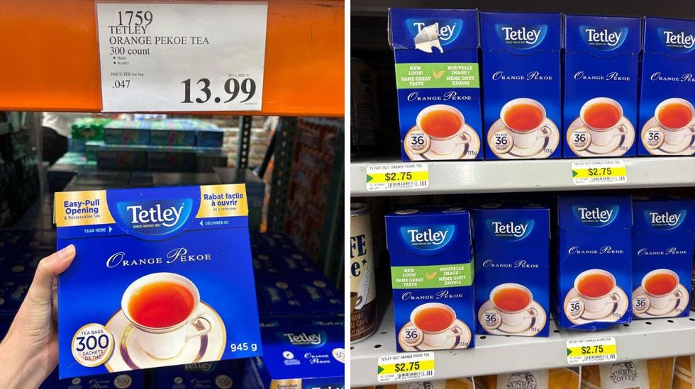person holding box of Tetley orange pekoe tea at costco. right: boxes of Tetley orange pekoe tea at dollarama
