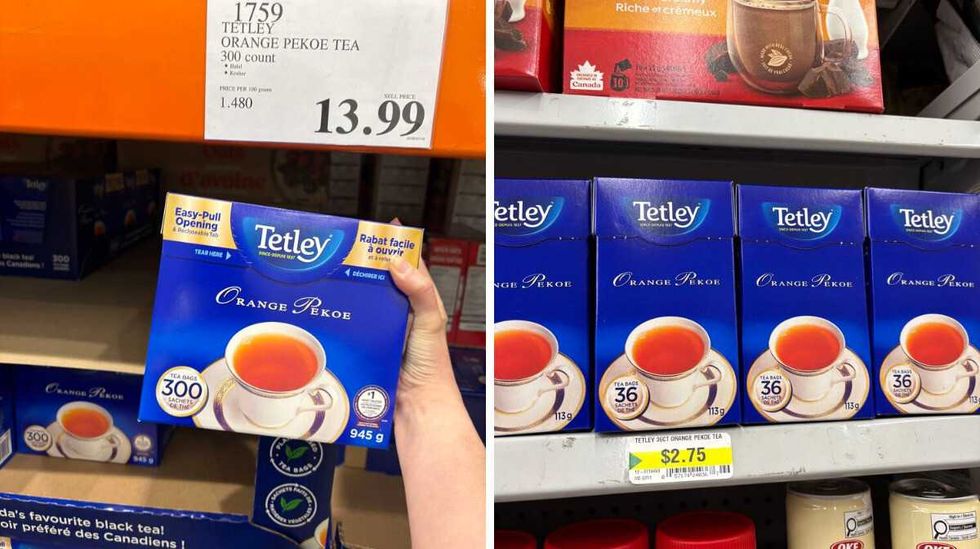 person holding box of Tetley orange pekoe tea at Costco. Right: boxes of Tetley orange pekoe tea at Dollarama
