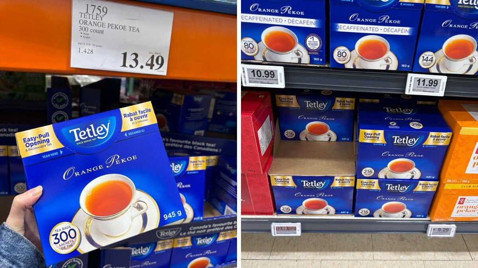 person holding box of Tetley orange pekoe tea at Costco. right: boxes of Tetley orange pekoe tea at Loblaws