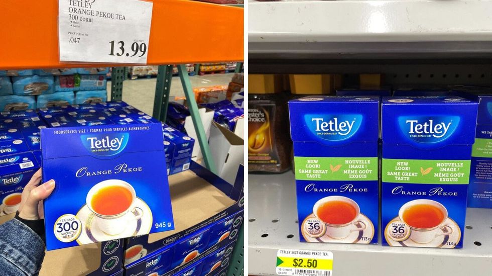 person holding box of tetley orange pekoe tea at costco. right: boxes of tetley orange pekoe tea on shelf at dollarama