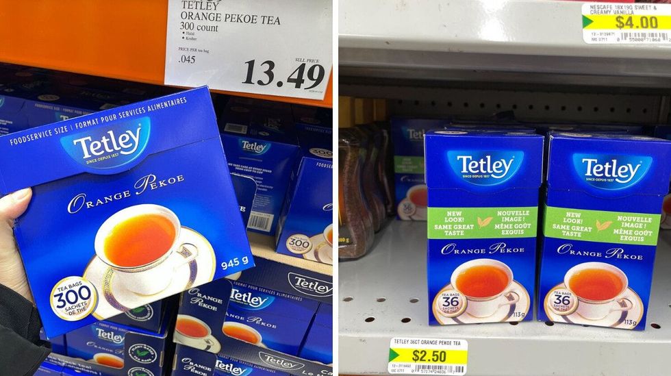 person holding box of tetley orange pekoe tea at costco. right: boxes of tetly orange pekoe tea on dollarama shelf