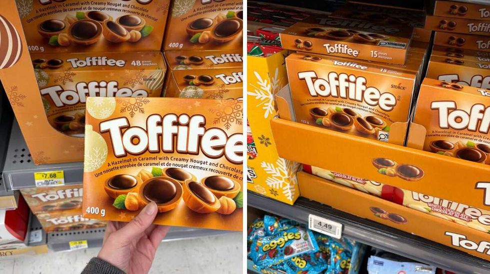 person holding box of Toffifee at Walmart. right: boxes of Toffifee at loblaws