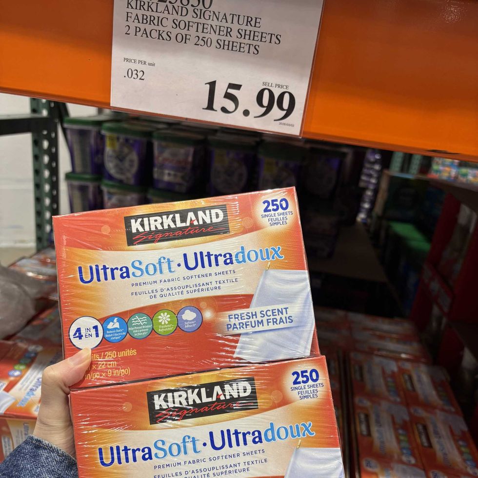 person holding box of \u200bKirkland Signature dryer sheets at Costco