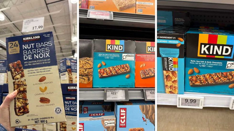person holding box of \u200bKirkland Signature nut bars. Centre: boxes of Kind bars at Walmart. Right: boxes of Kind bars at Loblaws.