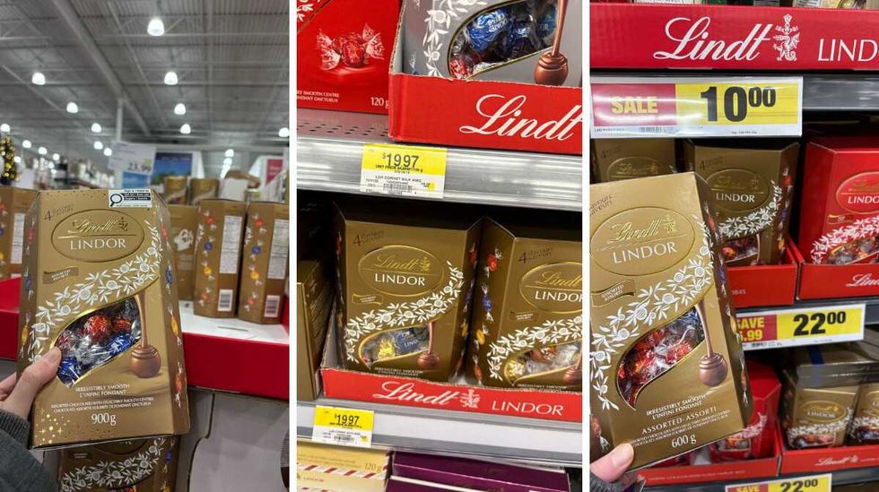 person holding box of \u200bLindt Lindor chocolates at Costco. centre: boxes of \u200bLindt Lindor chocolates at walmart. right: person holding \u200bbox of Lindt Lindor chocolates at loblaws