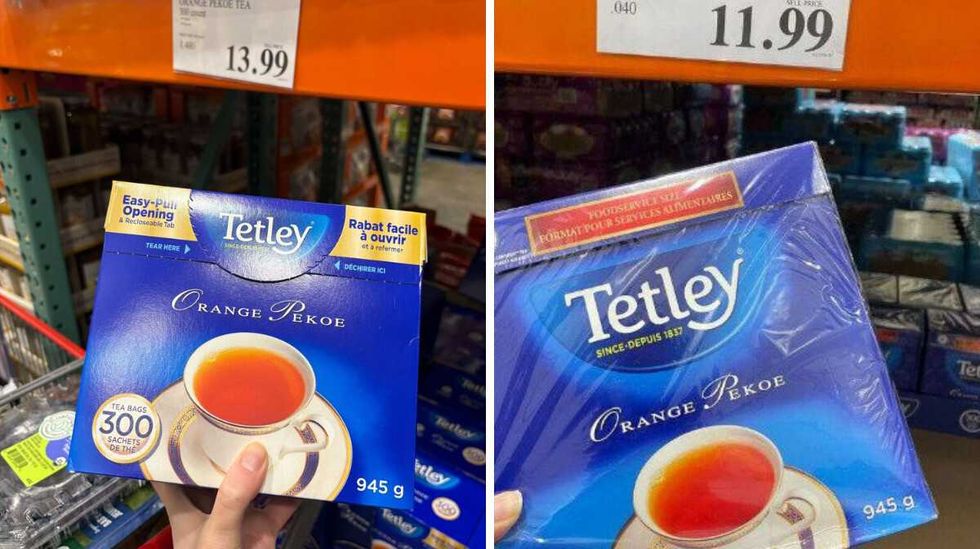 person holding box of \u200bTetley orange pekoe tea at Costco. Right: box of Tetley orange pekoe tea at Costco in 2023.