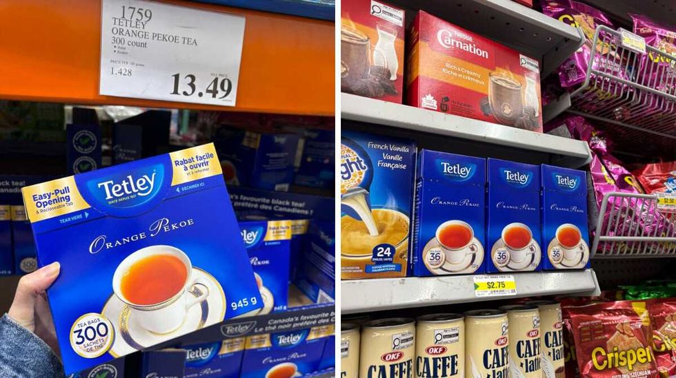 person holding box of \u200bTetley orange pekoe tea at Costco. Right: boxes of Tetley orange pekoe tea at Dollarama.