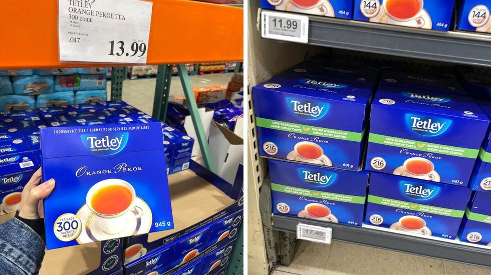 person holding box of yetley orange pekoe tea at costco. right: boxes of yetley orange pekoe tea on shelf at loblaws