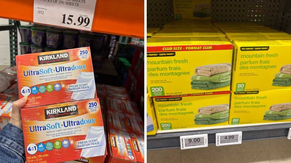 person holding boxes of Kirkland Signature dryer sheets. Right: boxes of No Name dryer sheets.