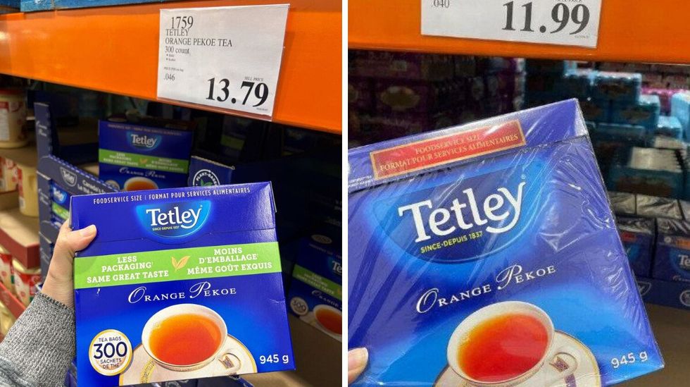 person holding boxes of tetley orange pekoe tea at costco in 2025 and 2023