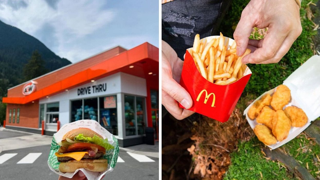 person holding burger outside a&w location in canada. right: person holding mcdonald's fries beside chicken nuggets