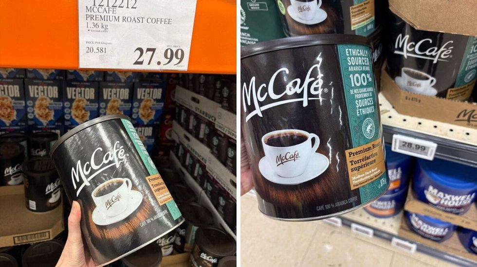 person holding canister of mccafe coffee at costco. right: person holding canister of mccafe coffee at loblaws