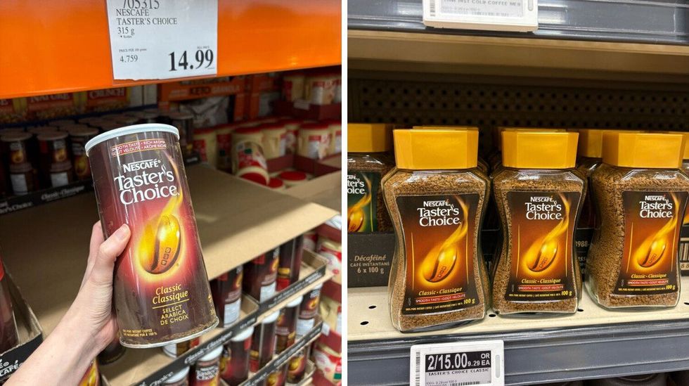 person holding canister of nescafe taster's choice instant coffee at costco. right: jars of nescafe taster's choice instant coffee on shelf at loblaws