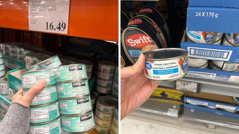 person holding cans of kirkland signature tuna. right: person holding can of great value tuna